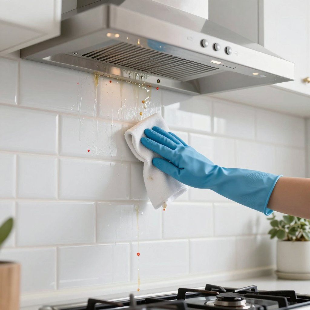 Person in blue glove wiping splattered oil from white kitchen tile.