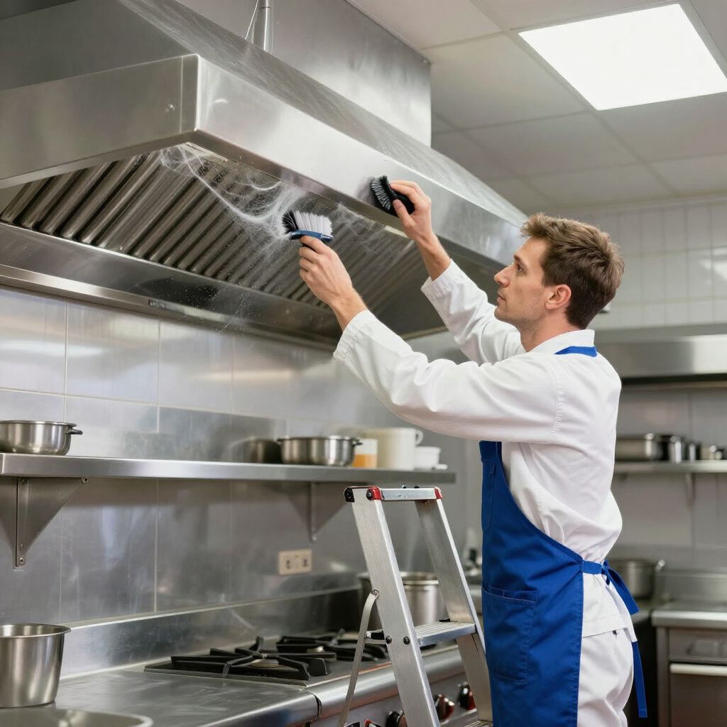 Person cleaning a commercial kitchen range hood, using a brush, standing on a step ladder.