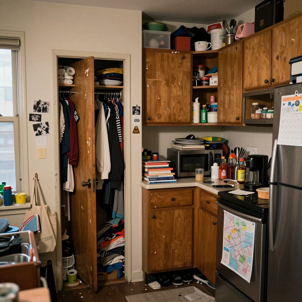Small kitchen with open closet: cabinets, microwave, clothes, and stainless steel refrigerator.