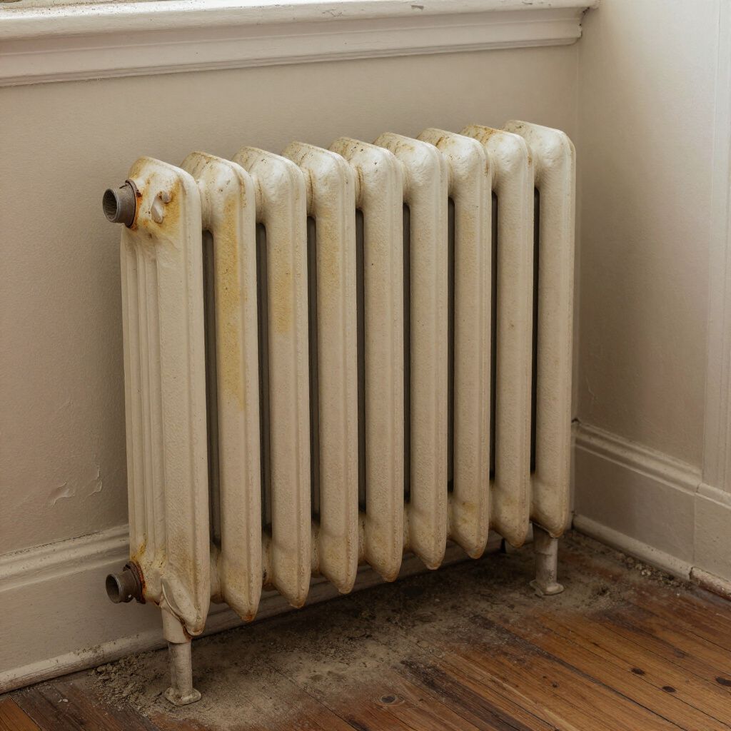 White, vintage radiator in a corner of a room, resting on a wood floor, some rust visible.