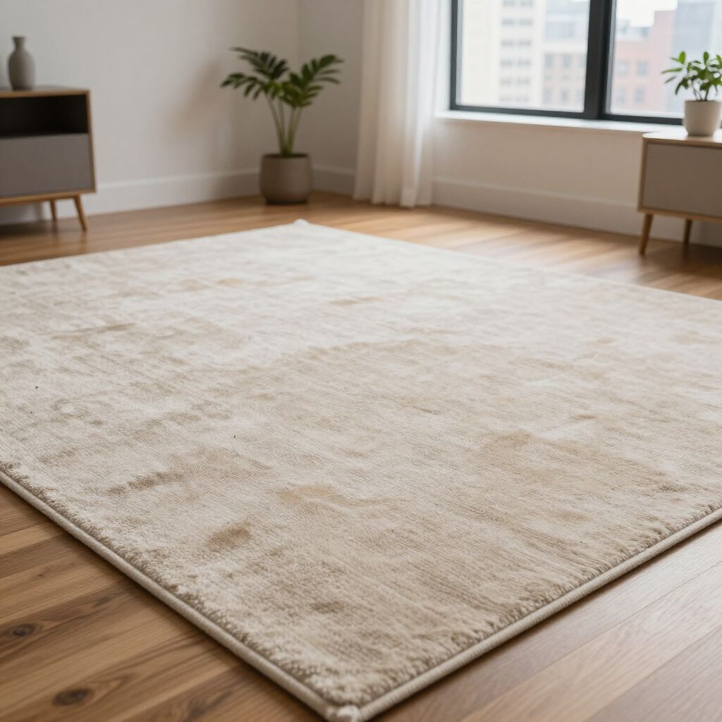 Beige area rug on wood floor in a room with neutral furniture and a window.