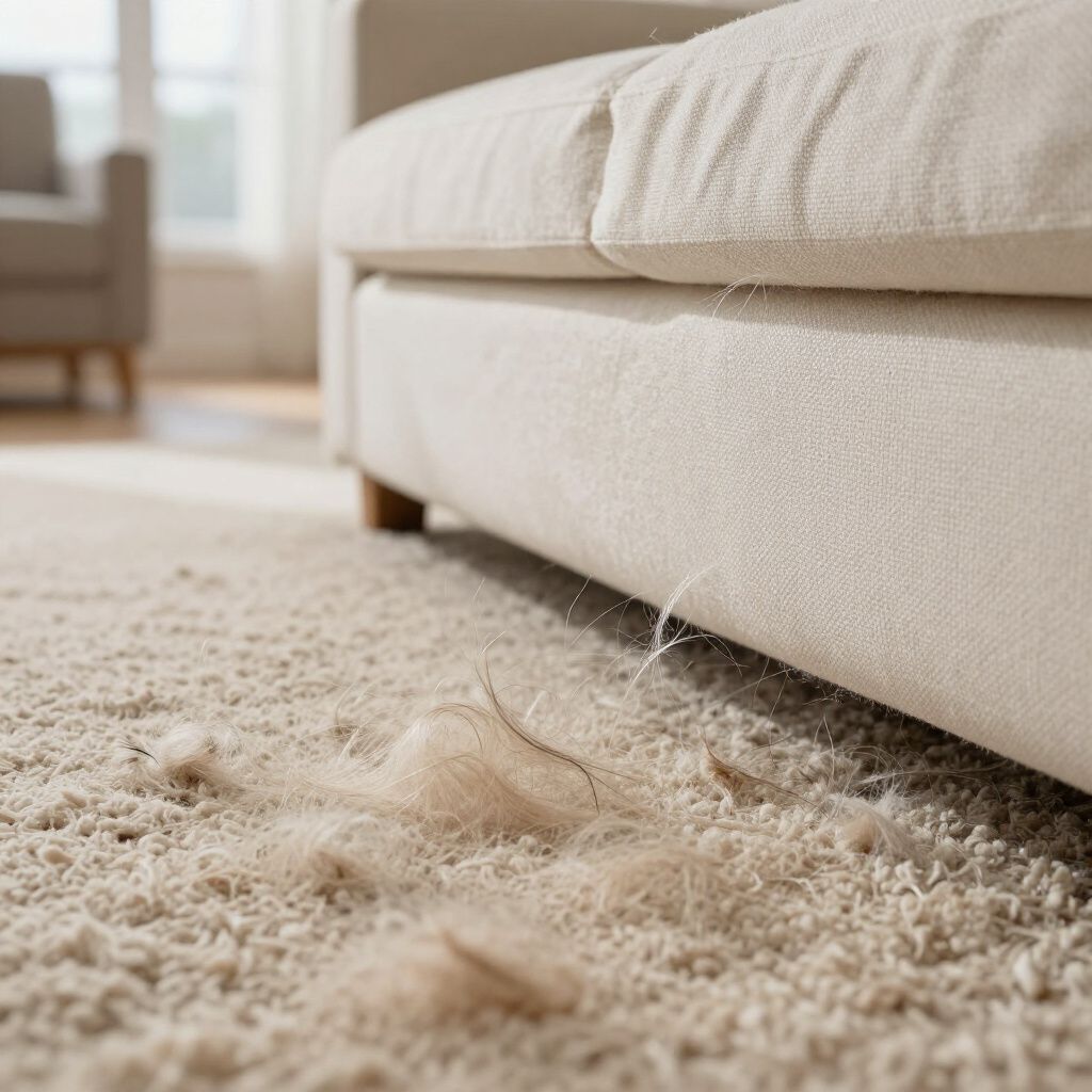 Beige sofa with visible pet hair on a matching beige carpet in a living room.