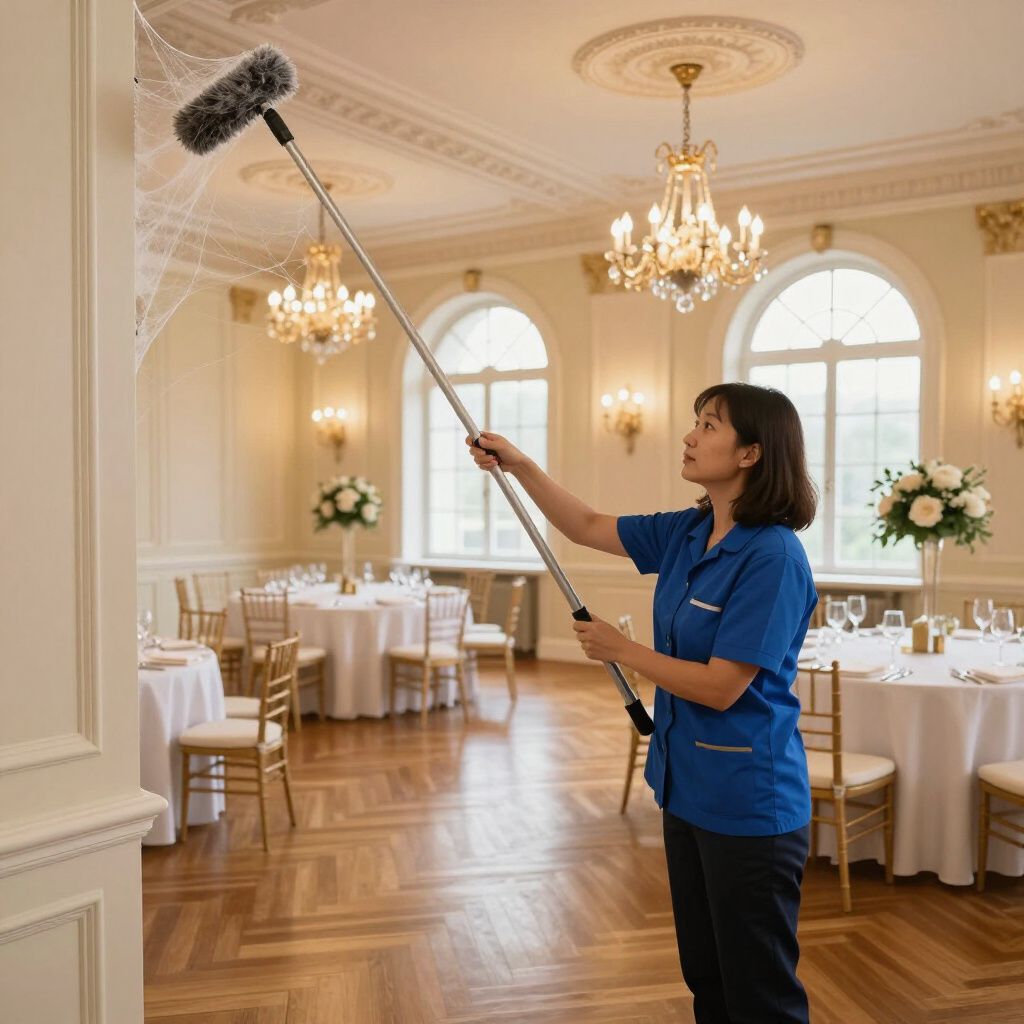 Woman dusting a cobweb from a high ceiling in a ballroom.