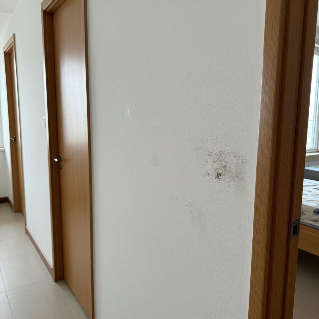 Hallway with white walls, three wooden doors, and a stained patch on a wall.