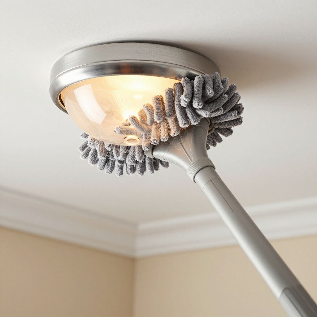 A person dusts a ceiling light fixture with a microfiber duster on an extendable pole.