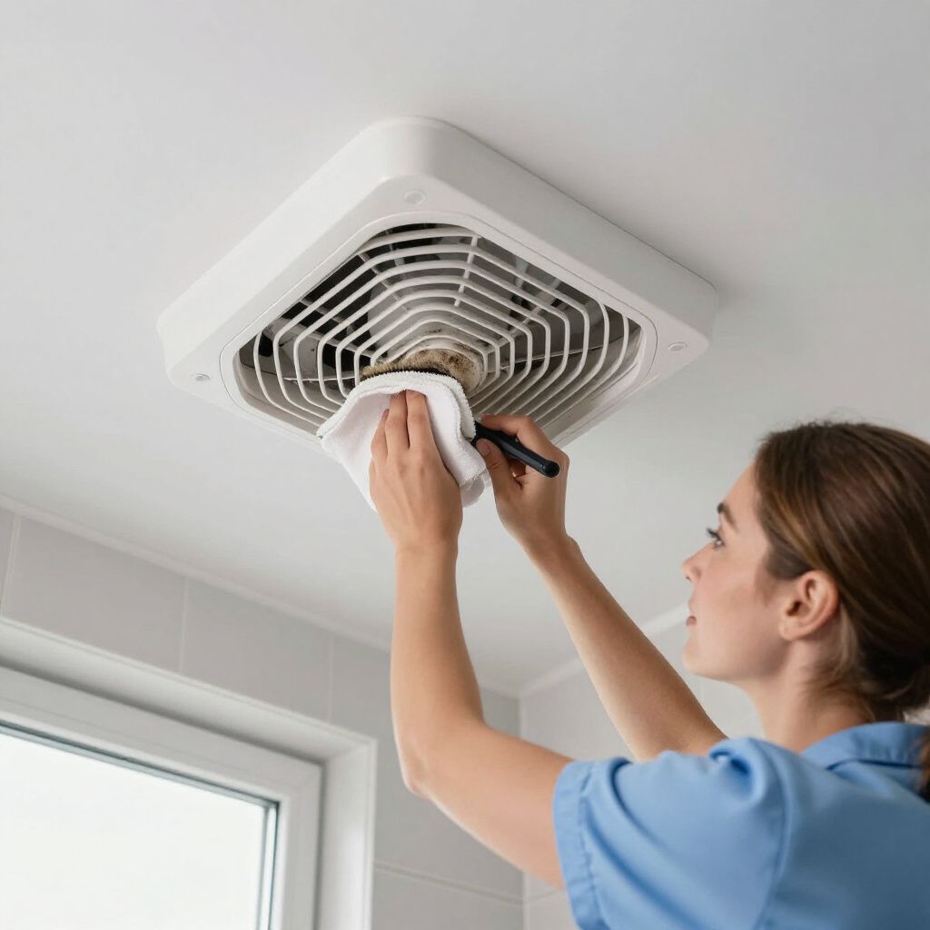 Woman cleaning ceiling vent with a cloth, standing in front of a window.