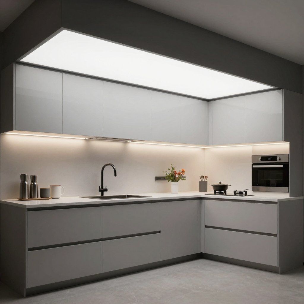Modern, gray kitchen with overhead lighting, a black faucet, and built-in oven.