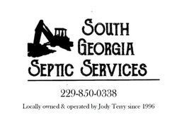Logo for South Georgia Septic Services with excavator graphic and phone number. "Locally owned by Jody Terry since 1996."