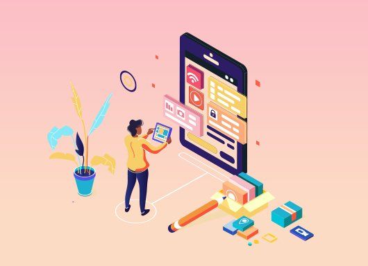 Person using a tablet interacting with a large mobile phone interface, surrounded by digital design elements.