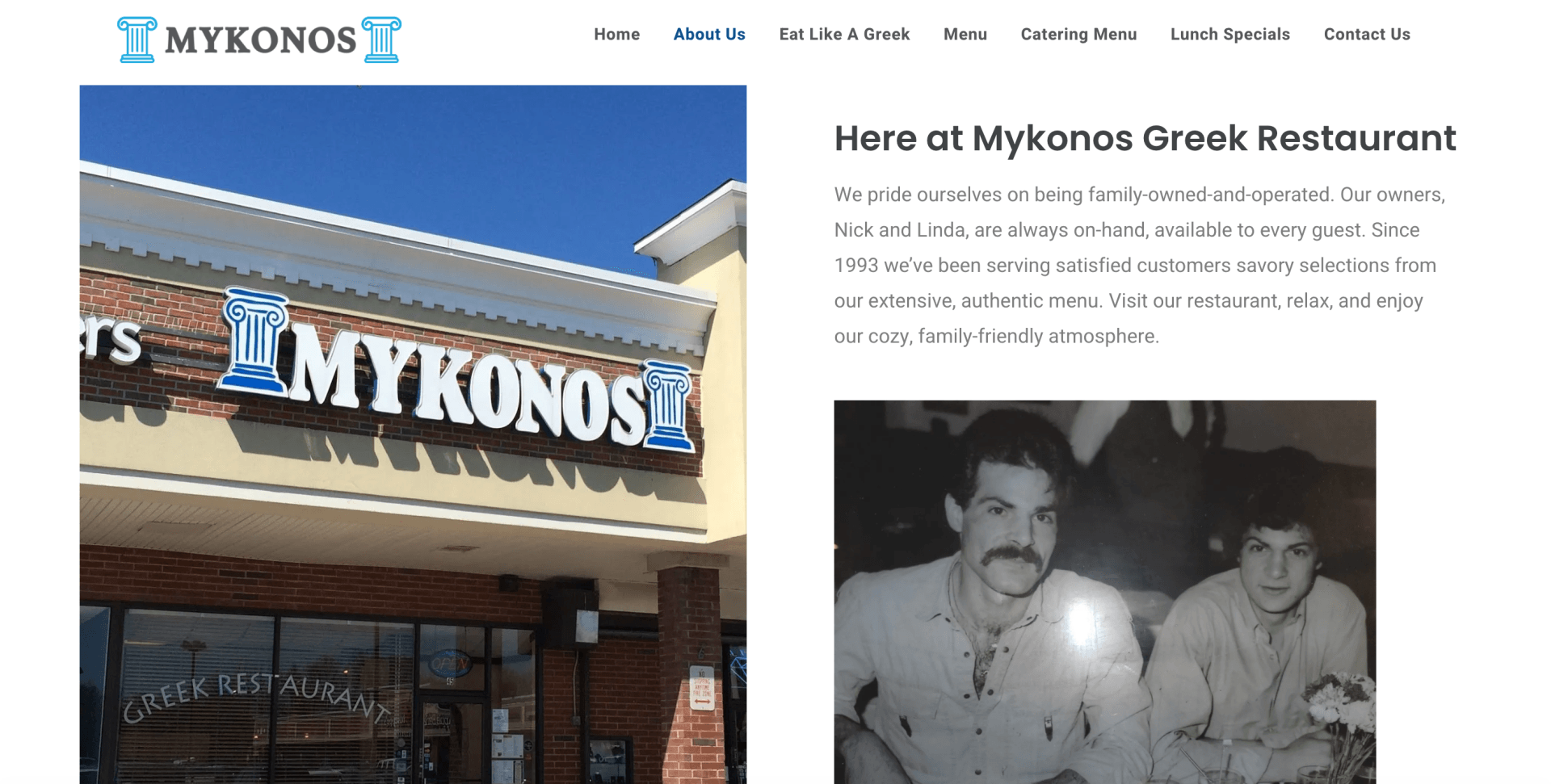 Screenshot of the homepage of the Mykonos restaurant website