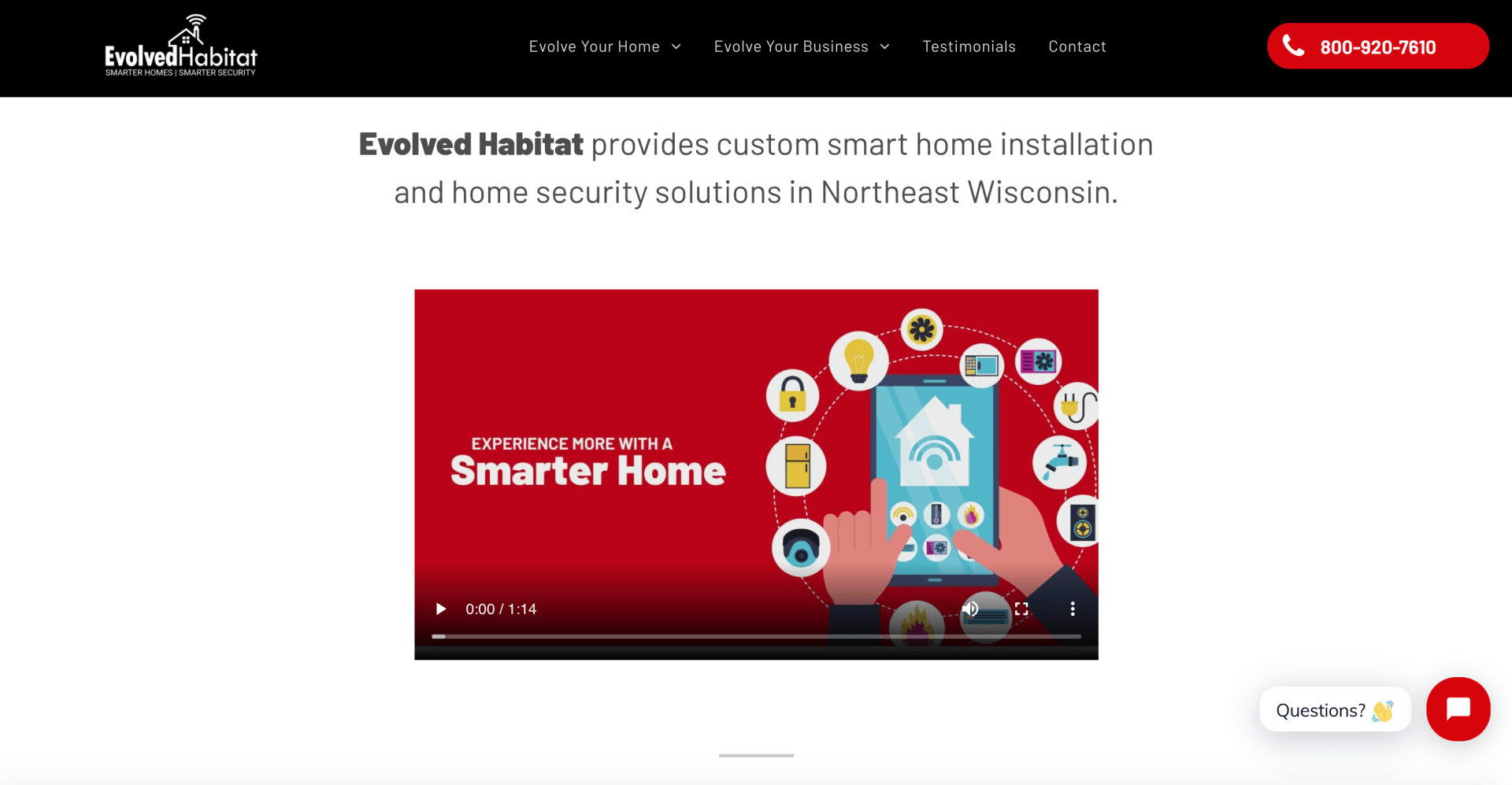 Screenshot of the homepage of Evolved Habitat website