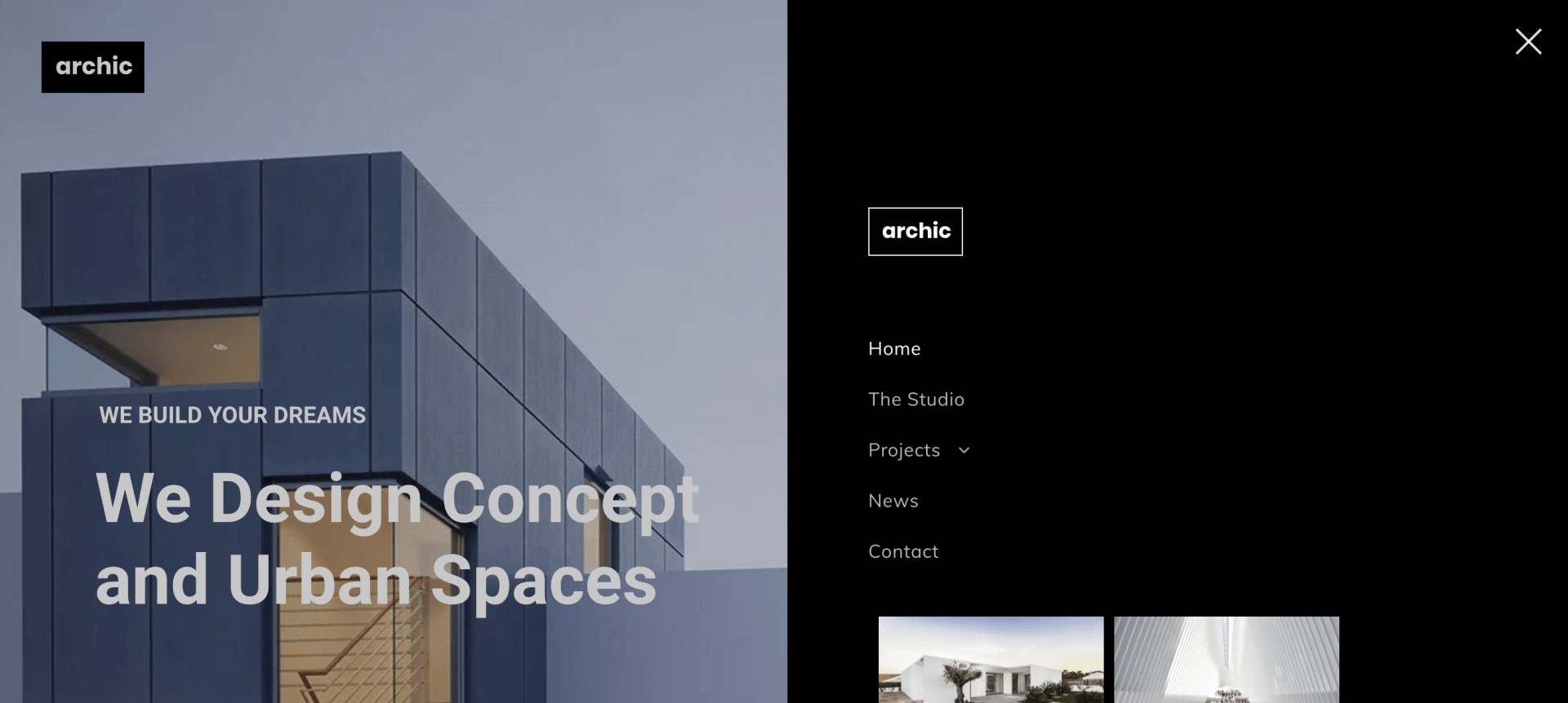 A screenshot displaying the open menu of an architect website