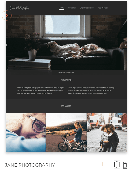 A photography template in Duda's website builder featuring a gallery page