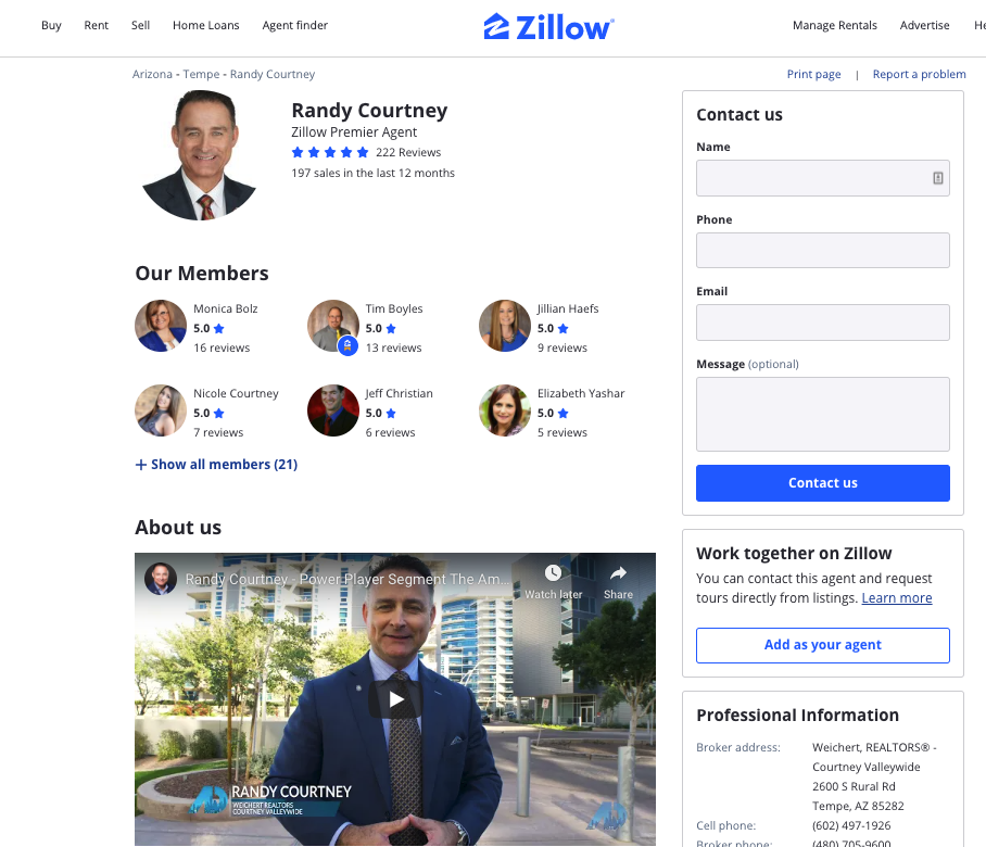 Zillow agent profile page with reviews and testimonials