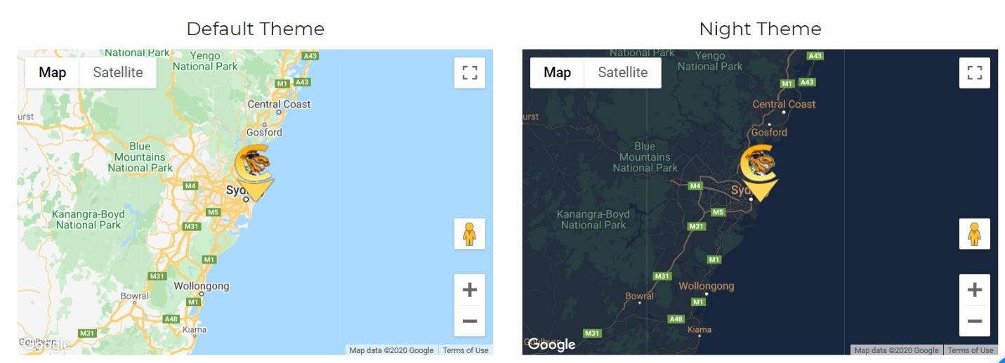 Two screenshots showing TheCamel.co's Google Maps widget, one a regular map and the other 