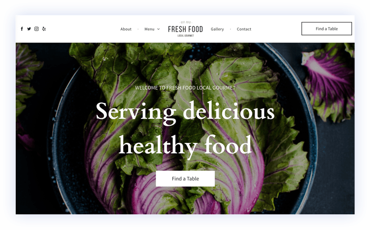 Fresh Food website header with menu options, contact information, and welcome message.