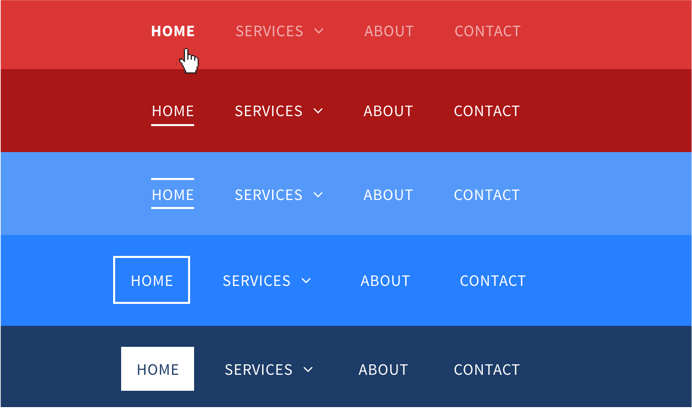 Several options of website headers with different colors and different hover / selected effects.