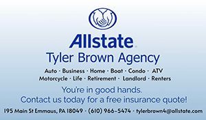 Allstate Tyler Brown Agency ad: Services include auto, business, home, life, and more. Contact info provided.