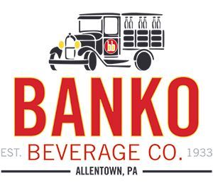 Banko Beverage Co. logo with vintage truck delivering bottles, red text, Allentown, PA, established 1933.