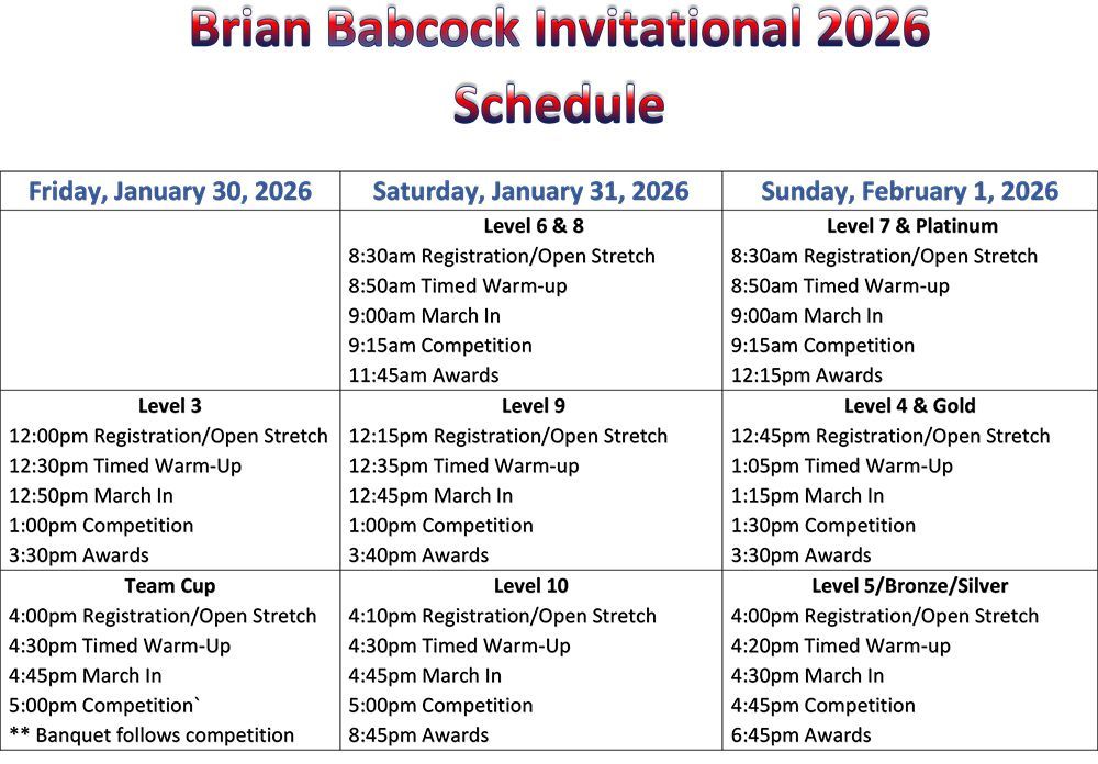 Schedule for Brian Babcock invitational 2026, January 30-February 1. Lists events by day and level.