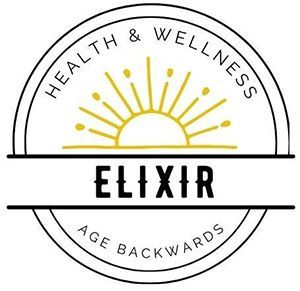 Logo for Elixir Health & Wellness.  Features a sunburst design inside a circle with 