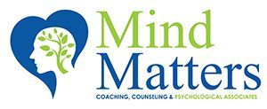 Logo for Mind Matters: Blue heart with white head silhouette holding a green tree. Text in green and blue.
