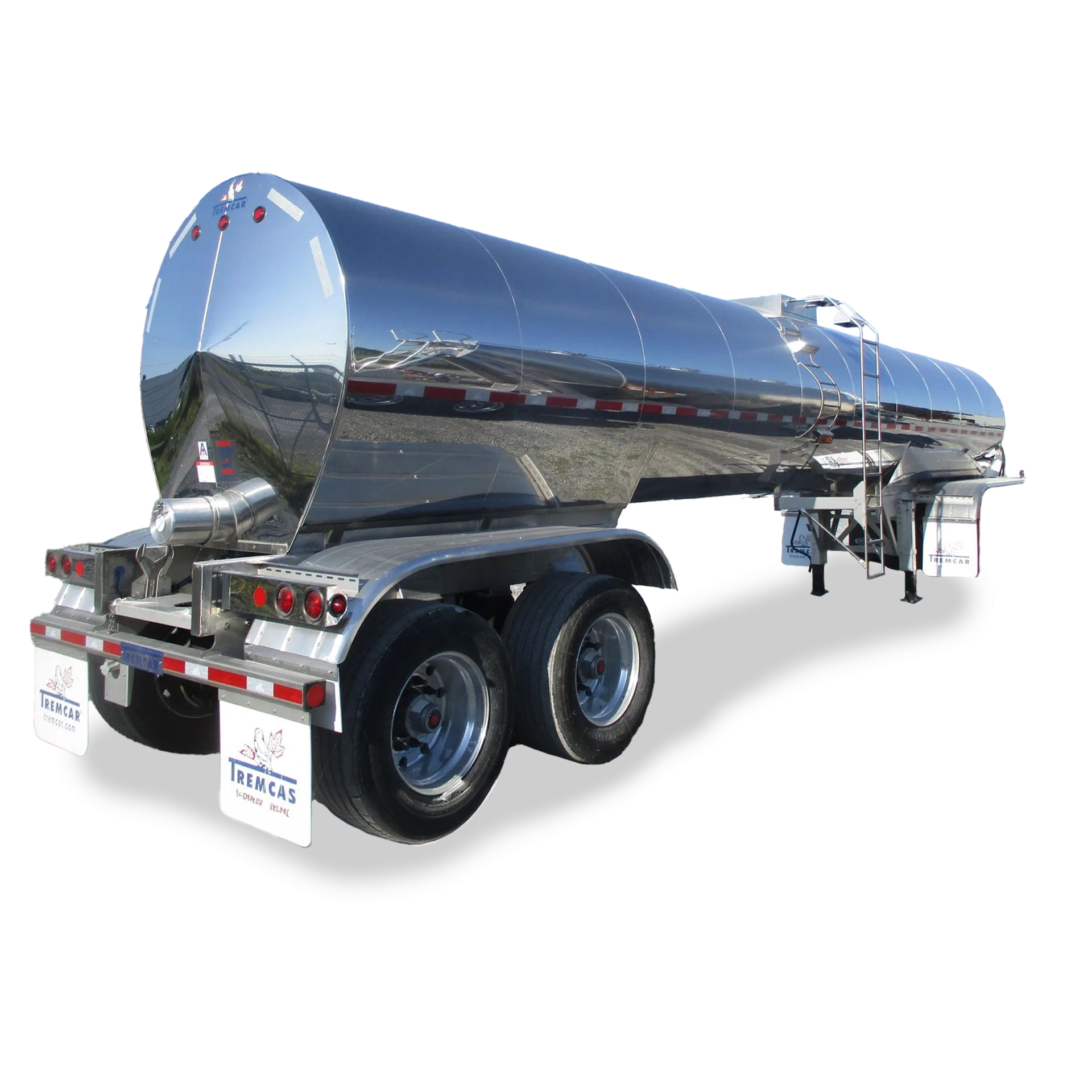 A shiny, chrome-finished tanker trailer for a semi-truck, shown from a rear angle against a white background.
