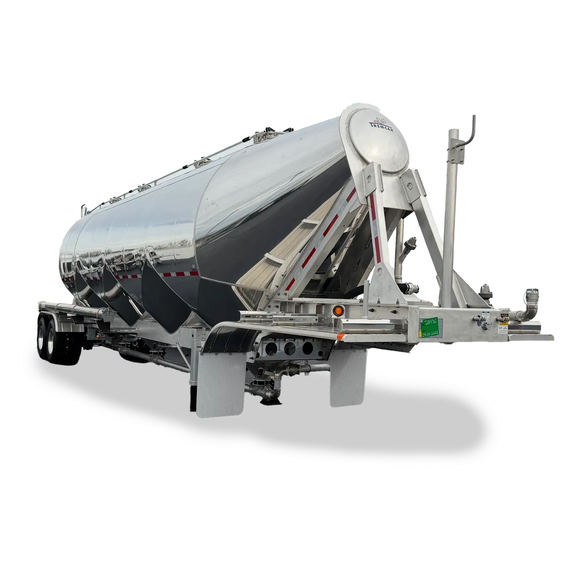 A polished, metallic pneumatic dry bulk tanker trailer with a sloped hopper design on a white background.
