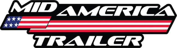 Logo for Mid America Trailer with white text, black outlines, and a red and white striped banner with blue star field.