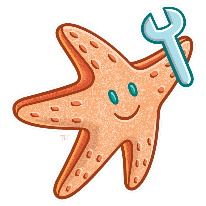 A cartoon starfish is holding a wrench in its mouth.