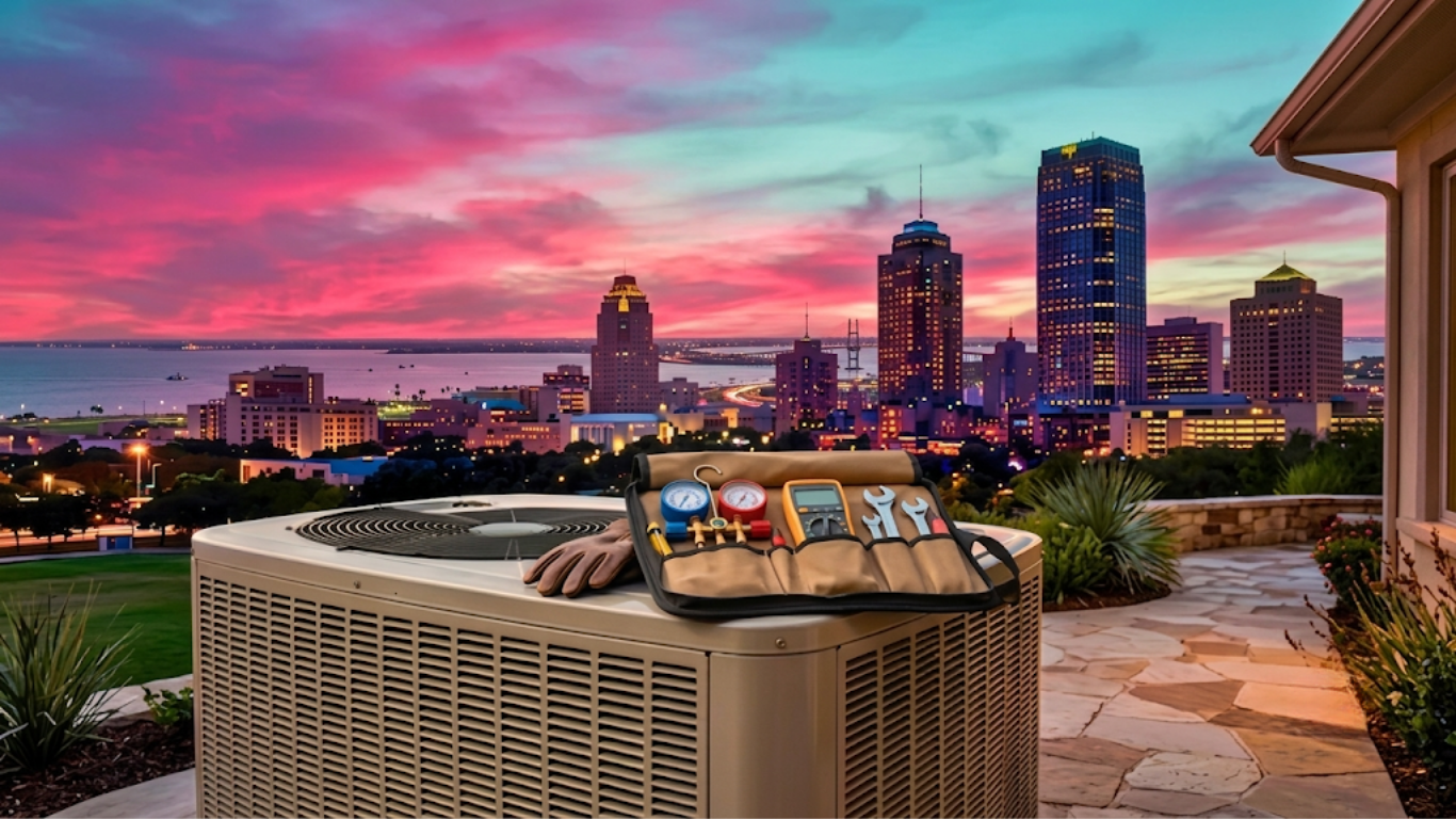 Outdoor air conditioner unit with a top fan and metal grille