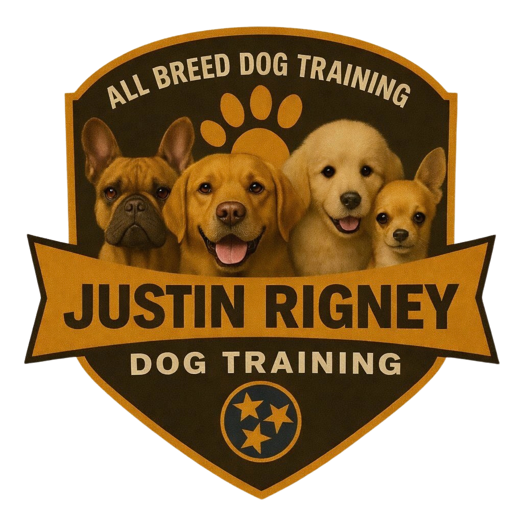Logo for Justin Rigney Dog Training featuring four dog breeds over a Tennessee state flag icon in brown and gold tones.