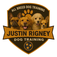 Logo for Justin Rigney Dog Training featuring four dog breeds over a Tennessee state flag icon in brown and gold tones.