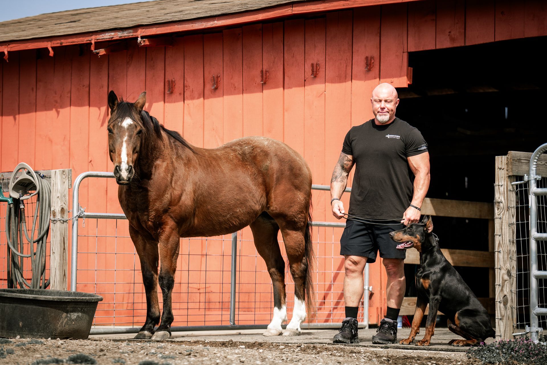 A man stands next to a brown horse and a black Doberman dog in front of a red barn.