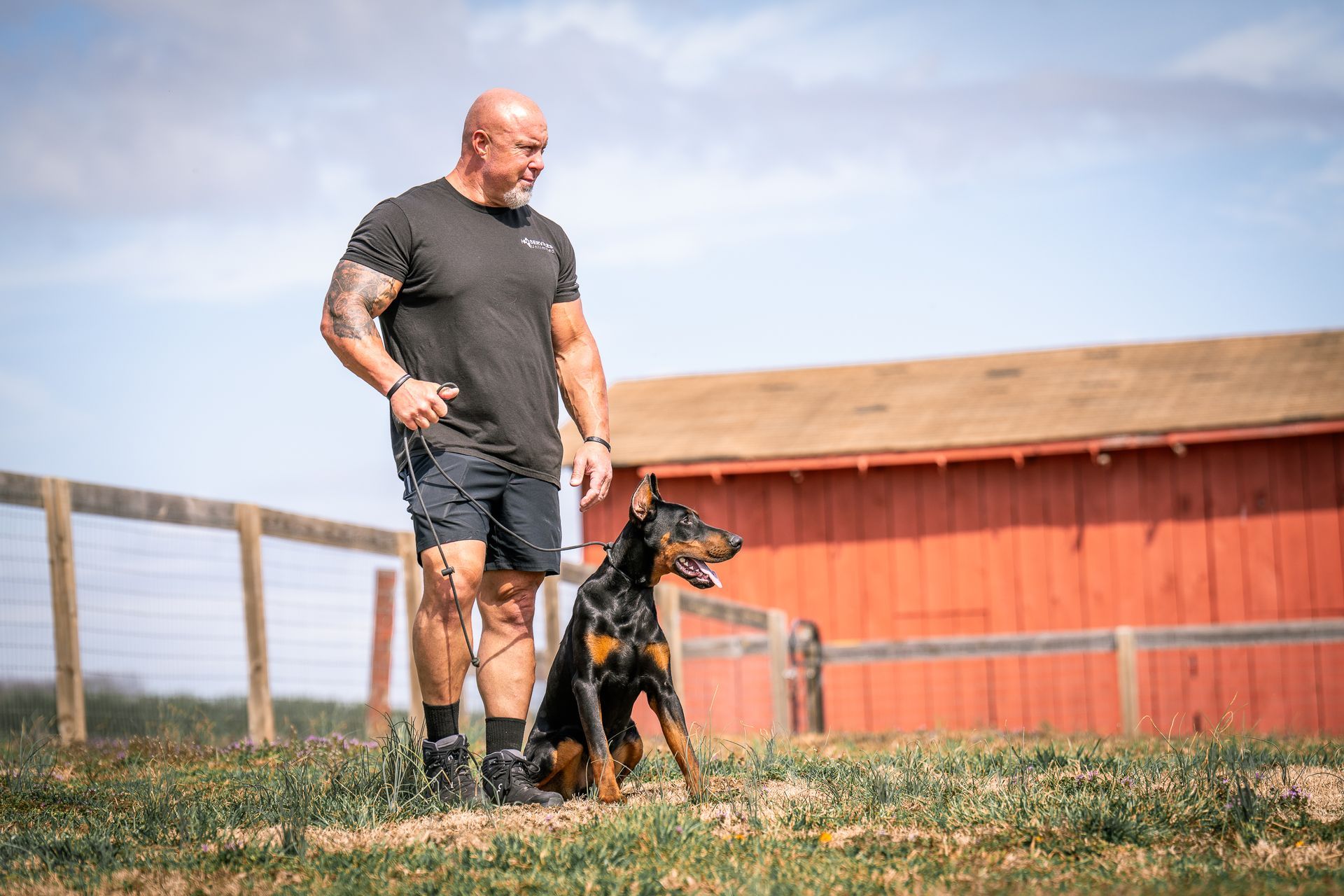 A muscular person in a dark shirt and shorts stands outdoors with a Doberman Pinscher on a leash near a red barn.