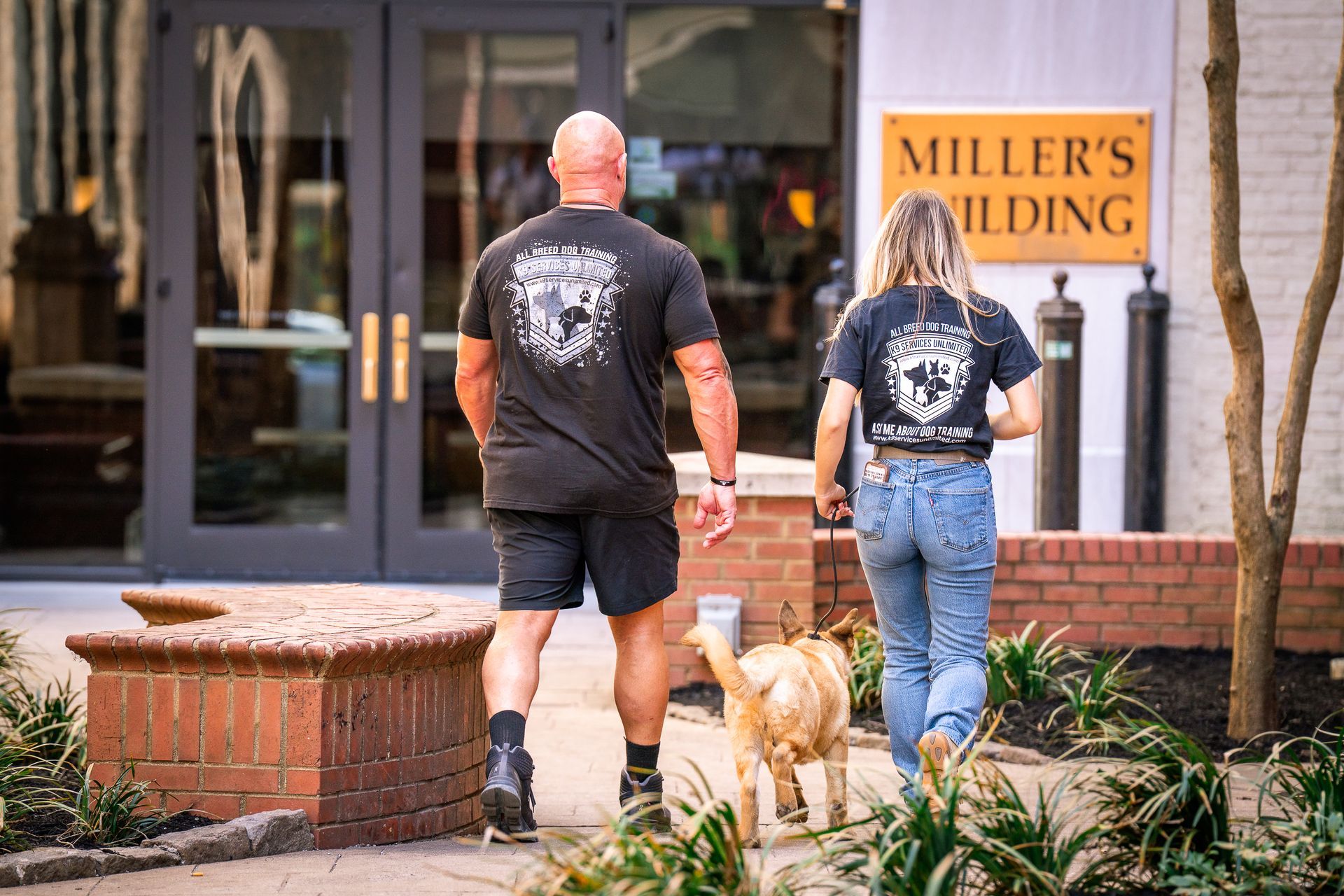 A man and a person walk a golden retriever toward a building entrance labeled Miller's Building.