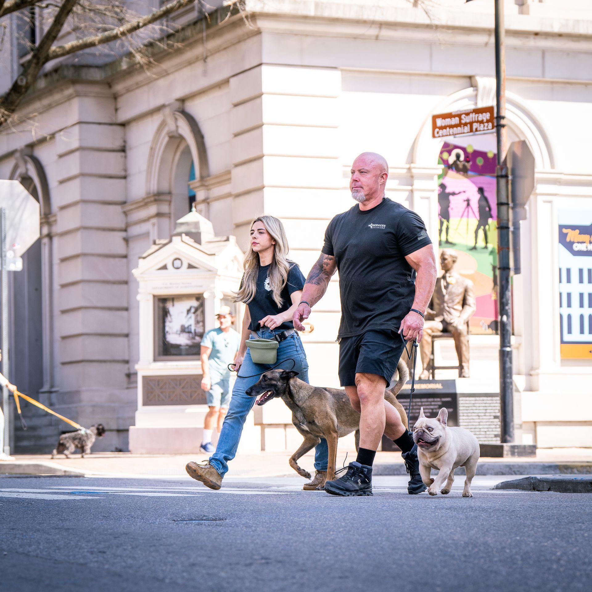 A person walking a large dog and a French Bulldog on a city street, accompanied by another person in the background.