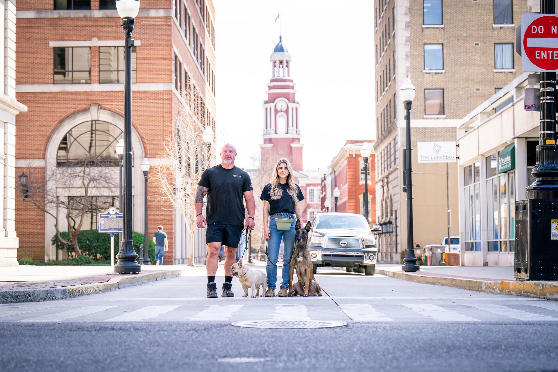 A person and their companion stand with two dogs on a city crosswalk in front of a clock tower.