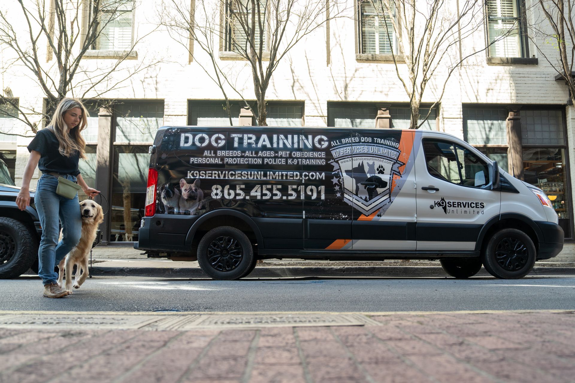 A person walks a golden retriever past a parked van branded with dog training services, a phone number, and a logo.