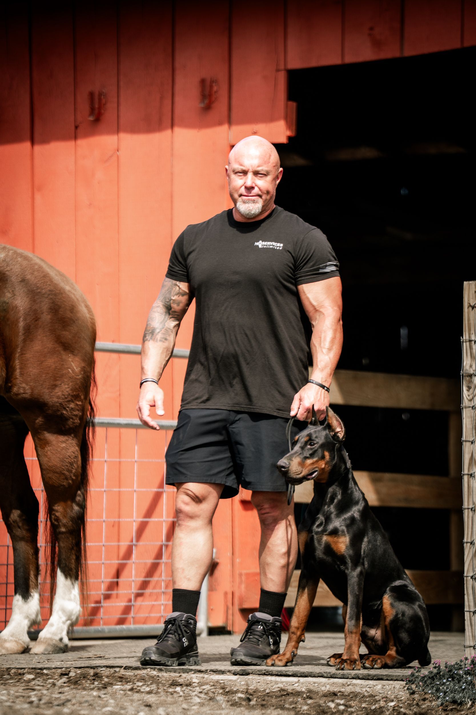 A muscular person stands by a horse and a Doberman in front of a red barn.