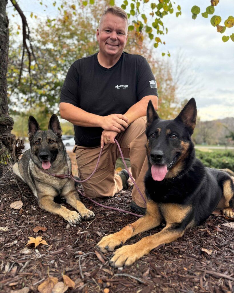 A person kneels outdoors in woodchips with two German Shepherd-type dogs resting on the ground nearby.
