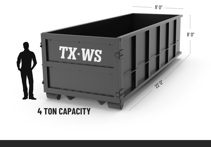 a man standing next to a dumpster that says 4 ton capacity