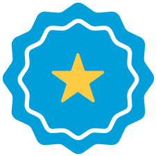 Yellow star inside a blue, scalloped badge with a white border.