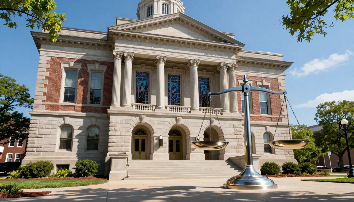 Historic stone courthouse with columns and a dome, viewed from the front on a sunny day