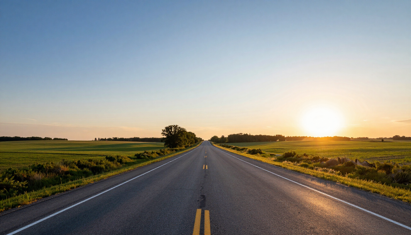 Straight rural road stretching into a sunset over open fields