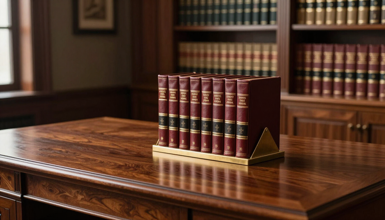 Books on a polished wooden desk in a library, with shelves of leather-bound books in the background