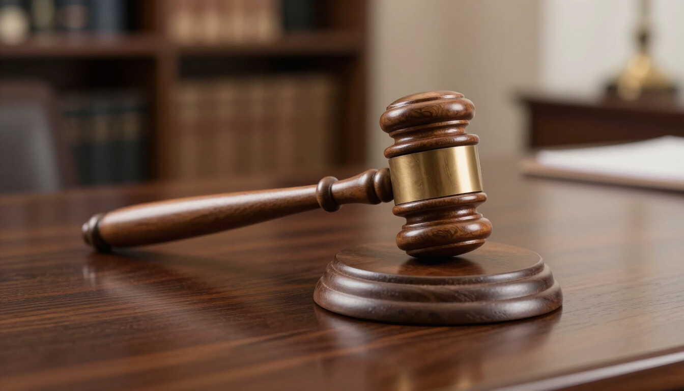 Judge’s gavel on a wooden desk in a courtroom setting.