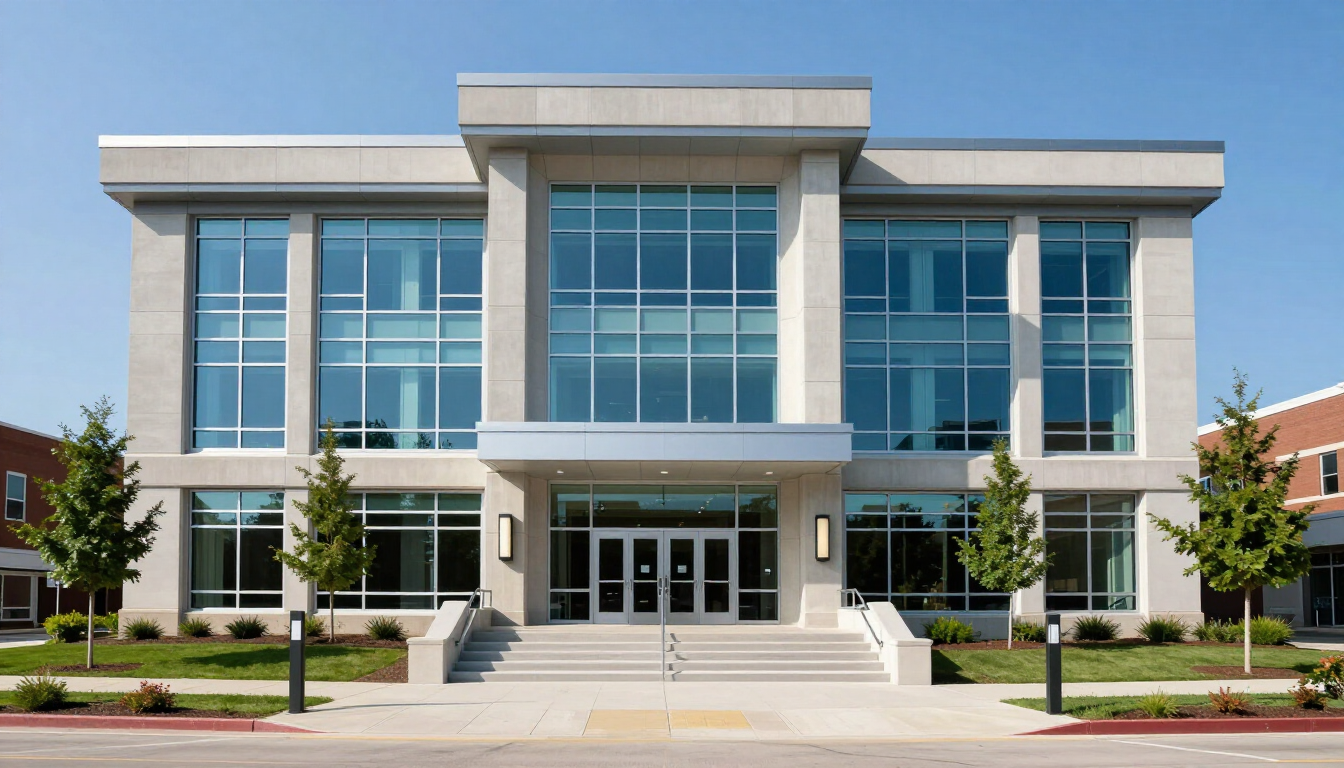 Modern glass-front civic building with central entrance, steps, trees, and parking area