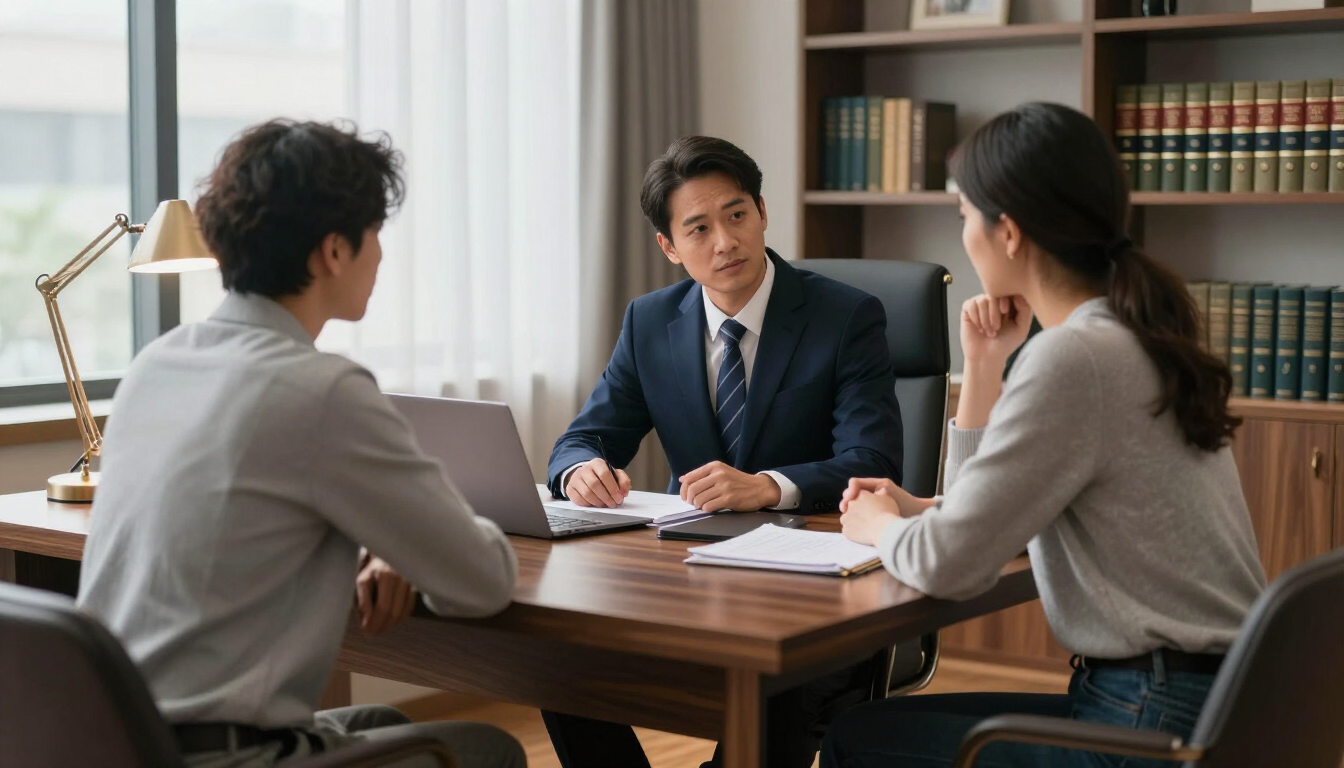 Three people in a meeting around a wooden table in a bright office, discussing documents.
