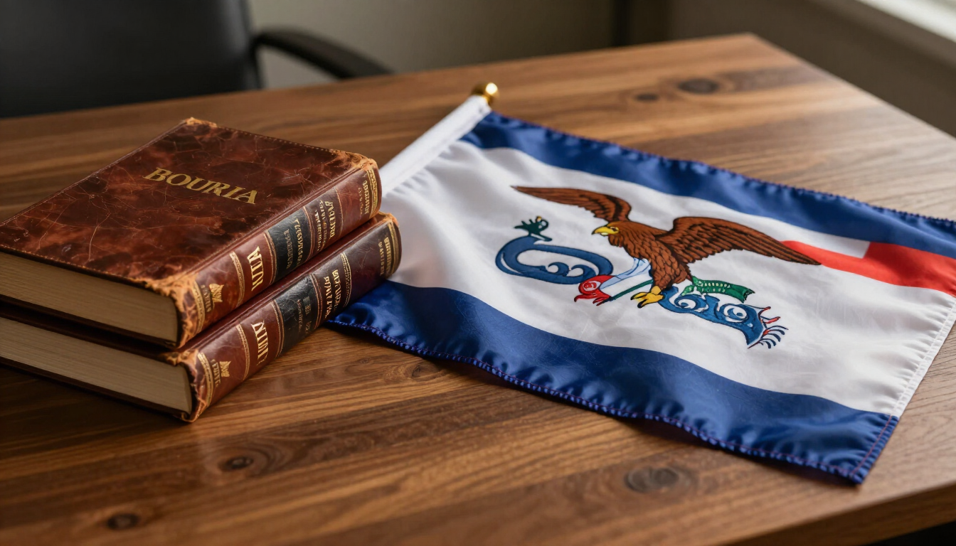 A brown book beside a blue-white-red flag on a wooden table